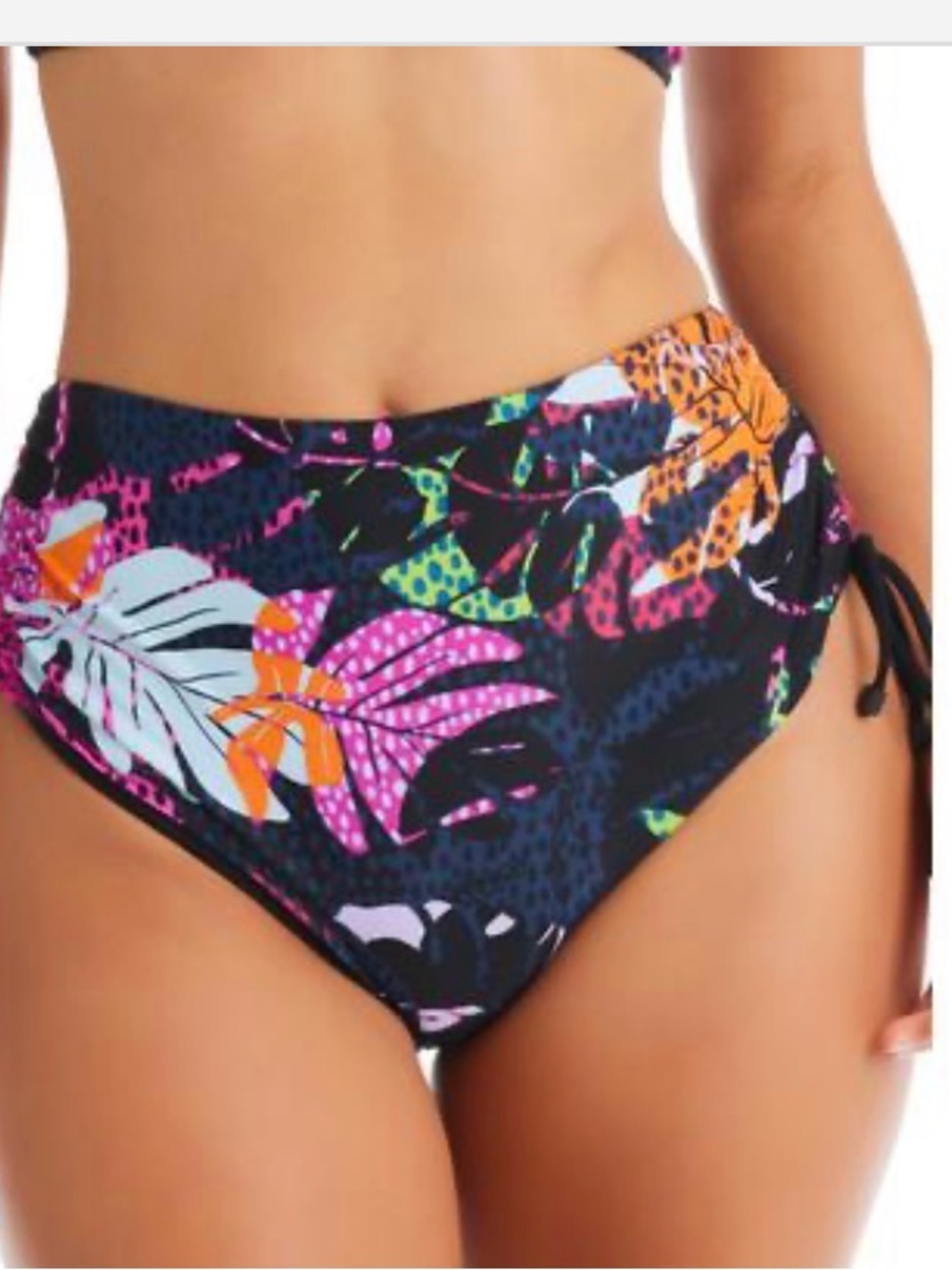 Bar IIII Women's Tropical-Print Ruched-Side High Waist Swim Bottoms, Medium